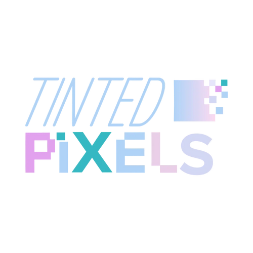 The logo for Tinted Pixels, featuring the words 'TINTED' in light blue outline and 'PIXELS' in pastel purple, teal, and light blue block letters, with a pixelated square icon on the right, all on a solid white background.